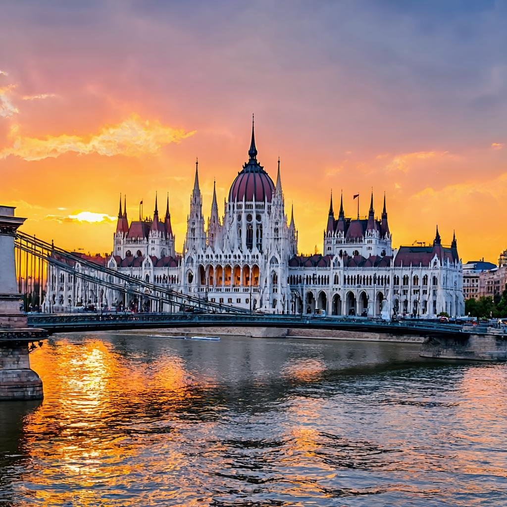 Budapest Parliament building at sunset reflecting in Danube River with Chain Bridge in foreground