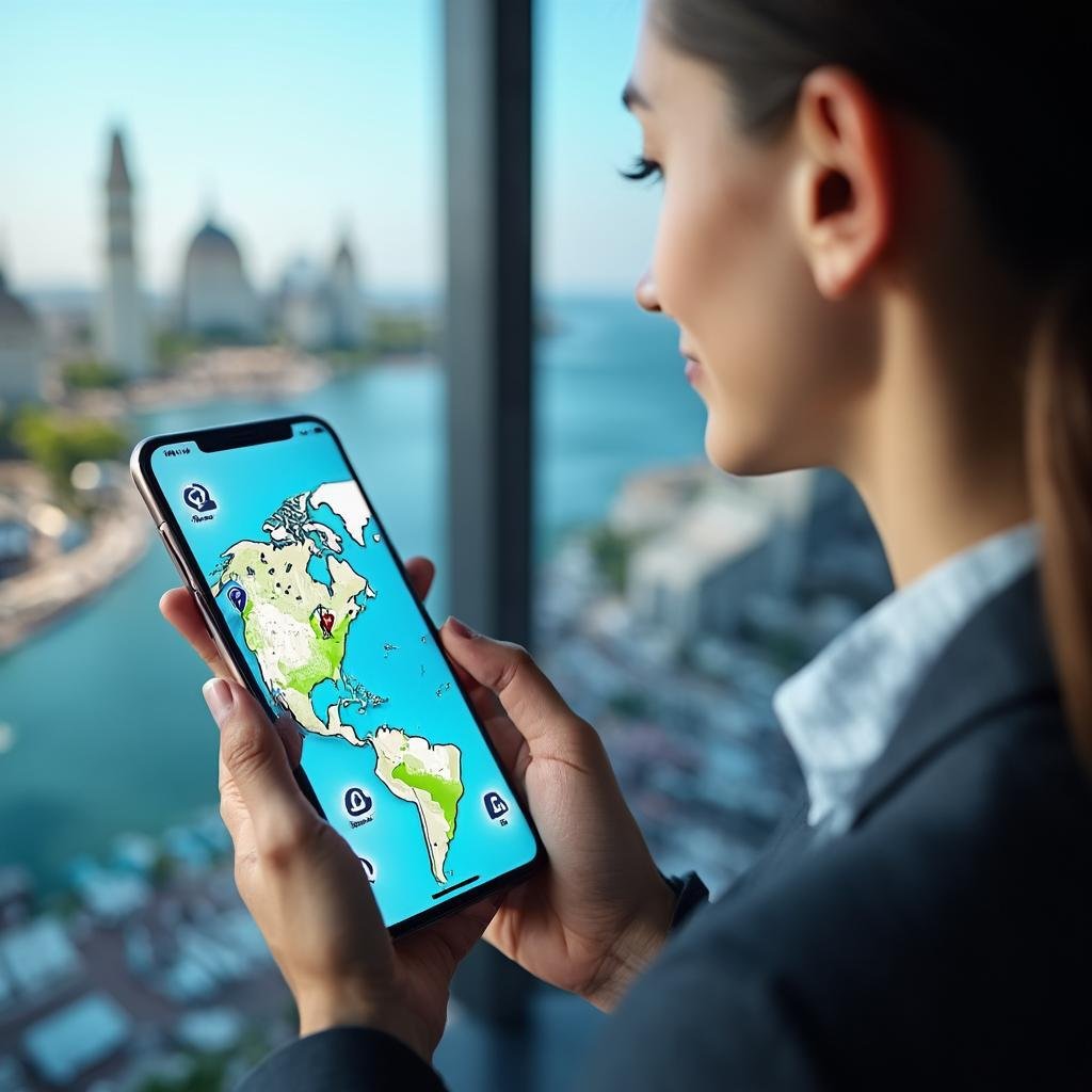 Traveler using AI travel app on smartphone with digital map