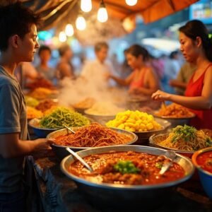 Vibrant Bangkok street food market with colorful Thai dishes