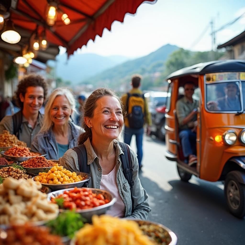 diverse travelers enjoying budget travel experiences - street food, hiking, local transportation