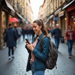 Confident solo traveler exploring European city