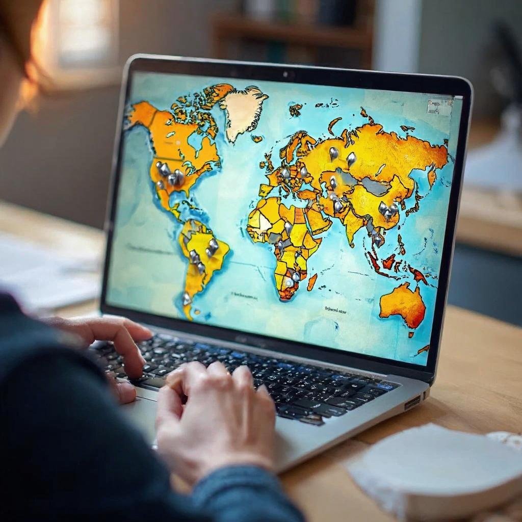 Travel planning concept: person planning multi-city trip on laptop with maps