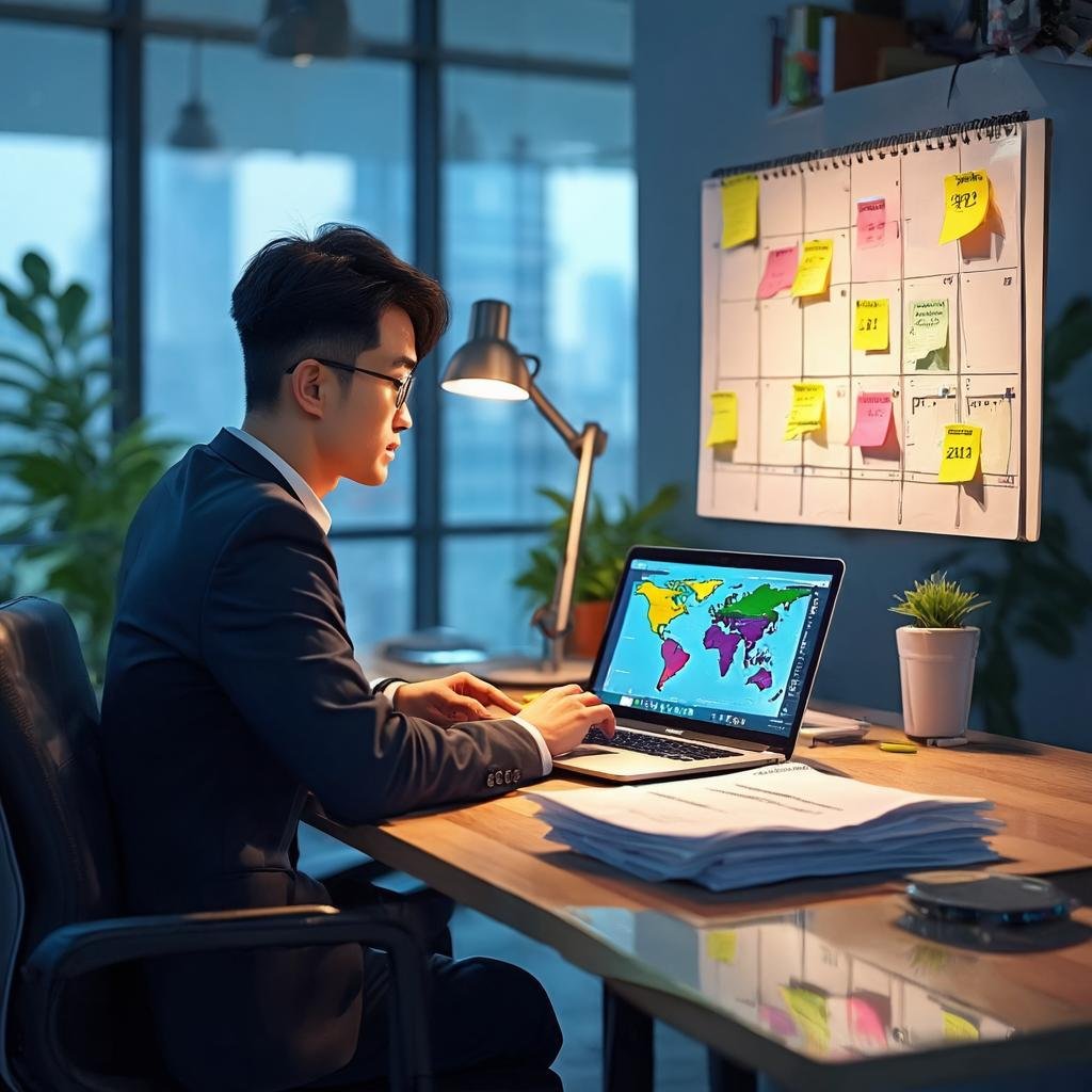 Business traveler planning multi-city trip on laptop with calendar