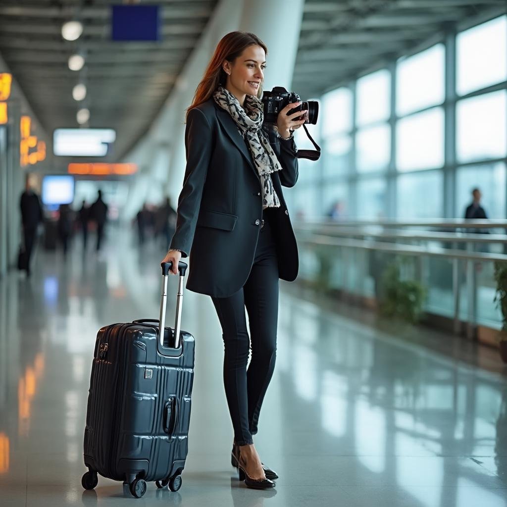 modern traveler at airport with lightweight carry-on luggage