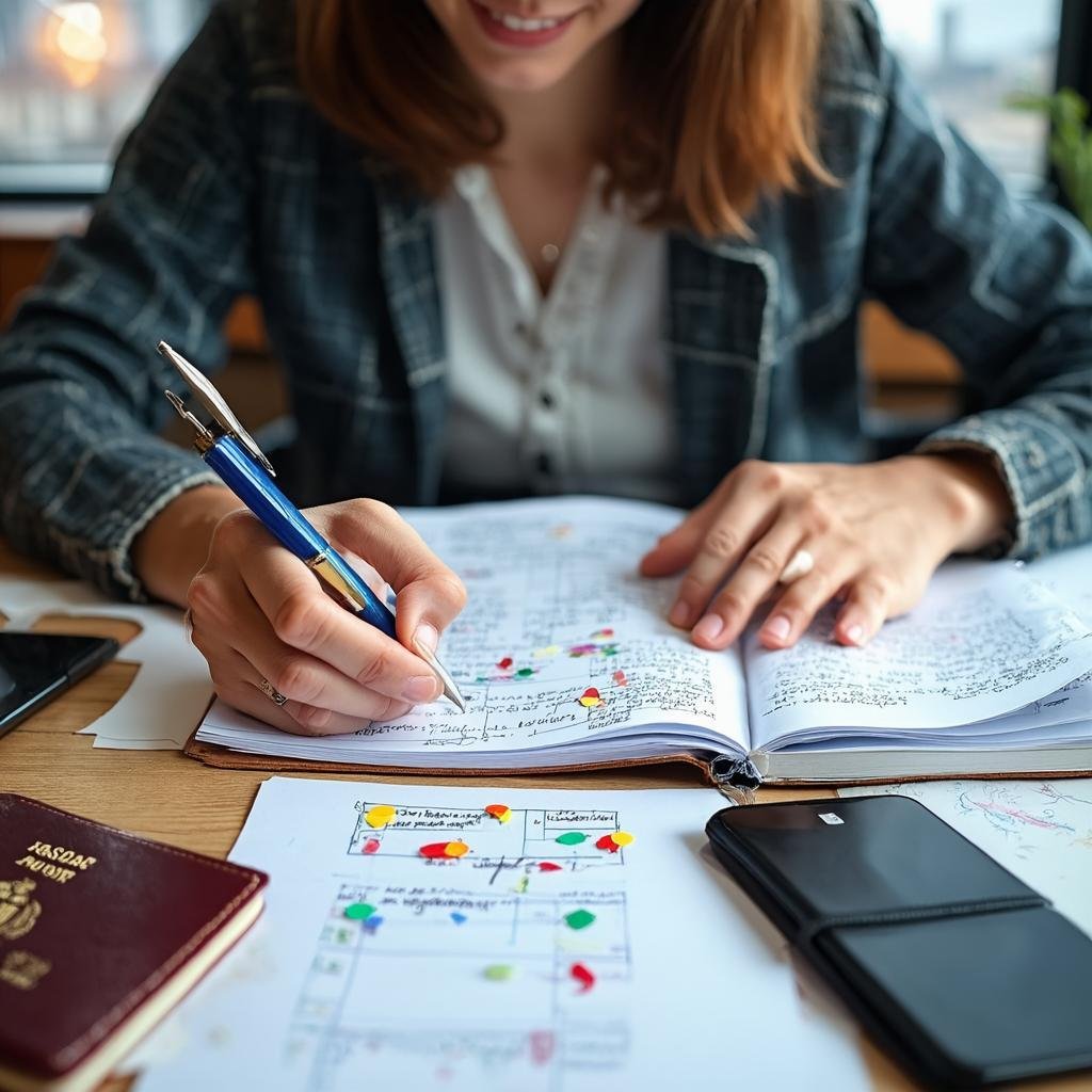 Organized travel planning desk with checklist and documents