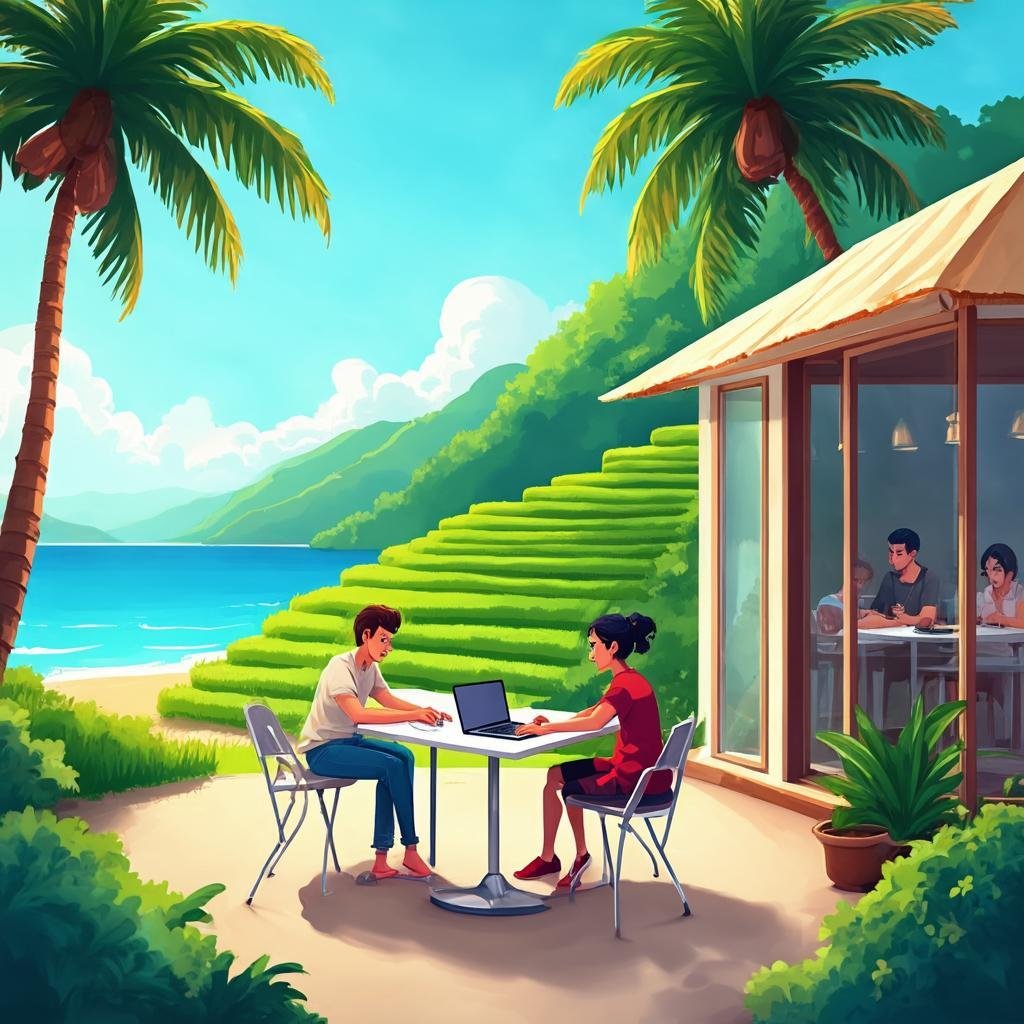 Bali rice terraces with beachside cafe for digital nomads