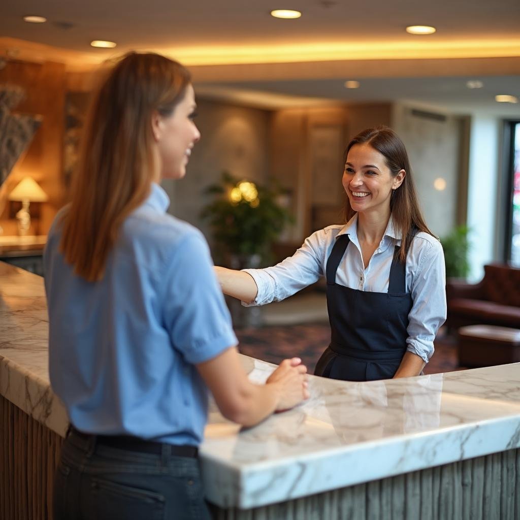 Traveler checking into secure hotel
