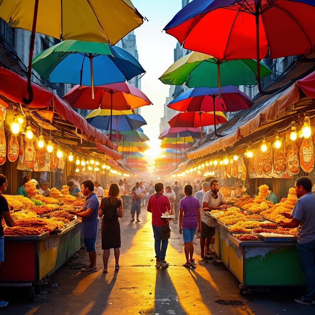 Mexican street food market in Mexico City with tacos and elote