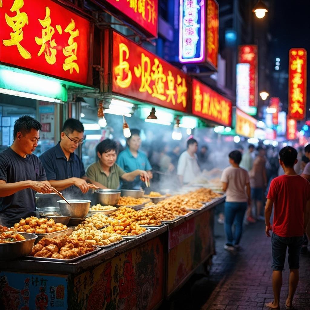 Vibrant Taipei night market with stinky tofu and bubble tea