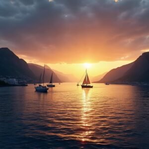 Beautiful summer sunset over Oslofjord in Norway with distant mountains and sailboats