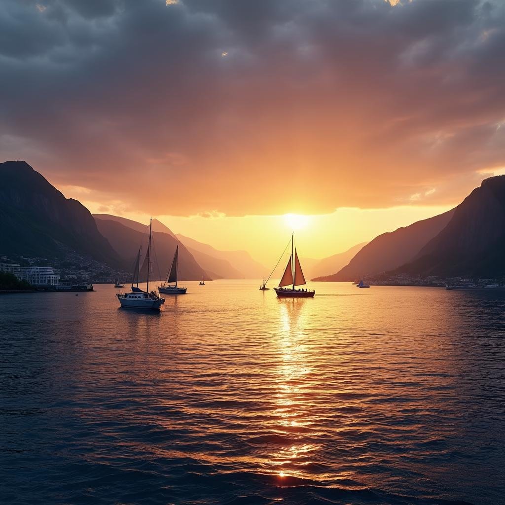 Beautiful summer sunset over Oslofjord in Norway with distant mountains and sailboats