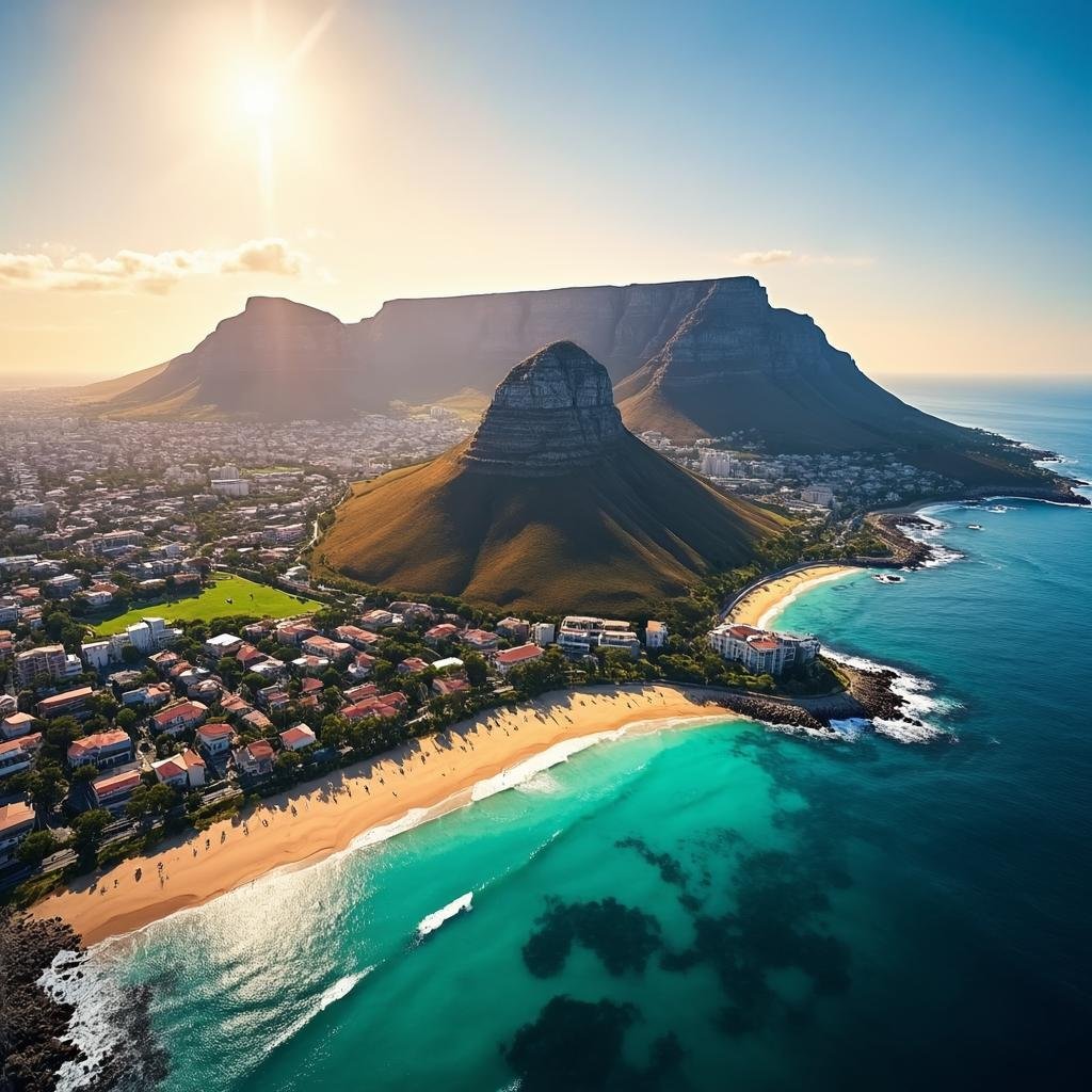 Aerial view of Cape Town South Africa with Table Mountain and Camps Bay beach