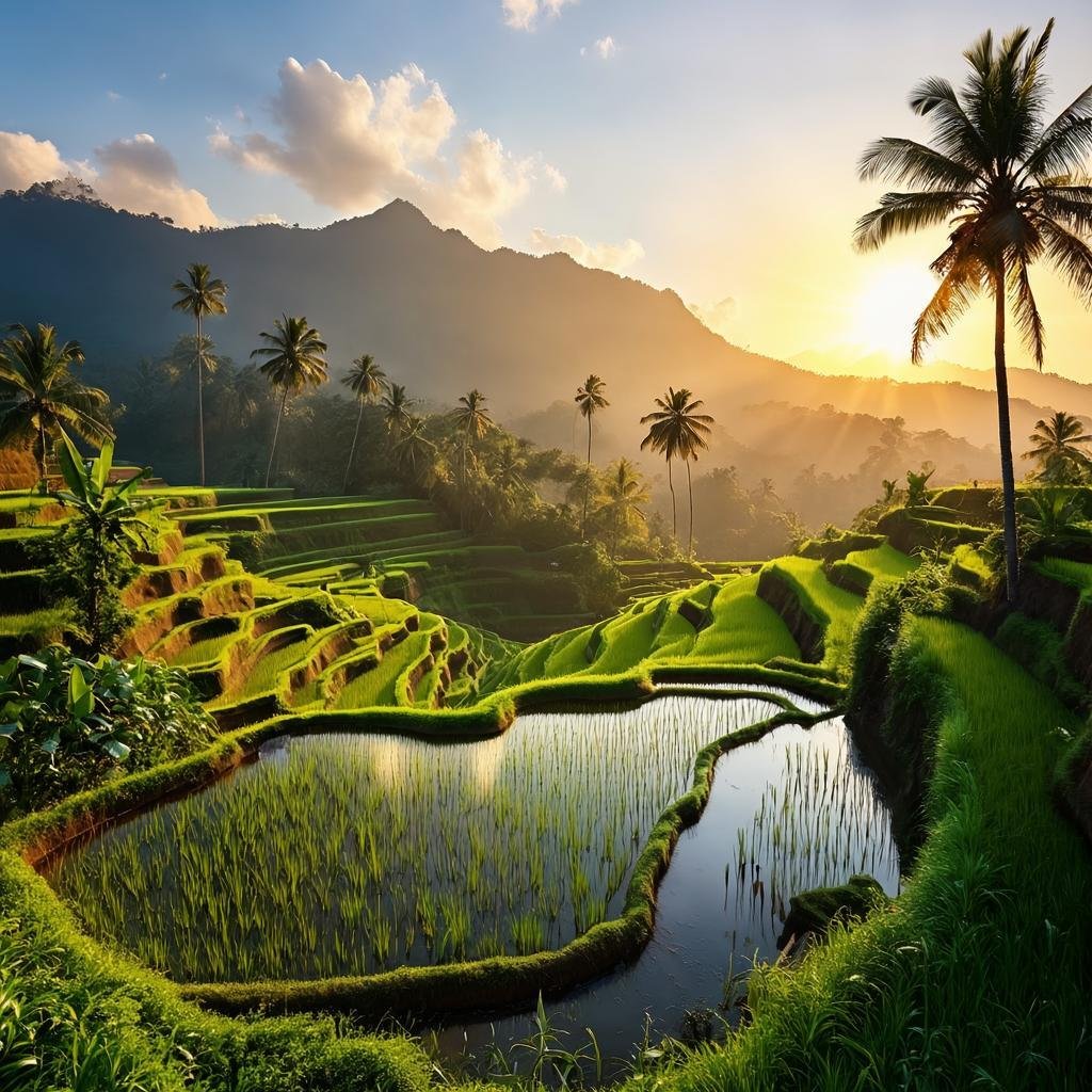 Bali Indonesia Tegalalang rice terraces at golden hour with coconut palms and tropical mountains