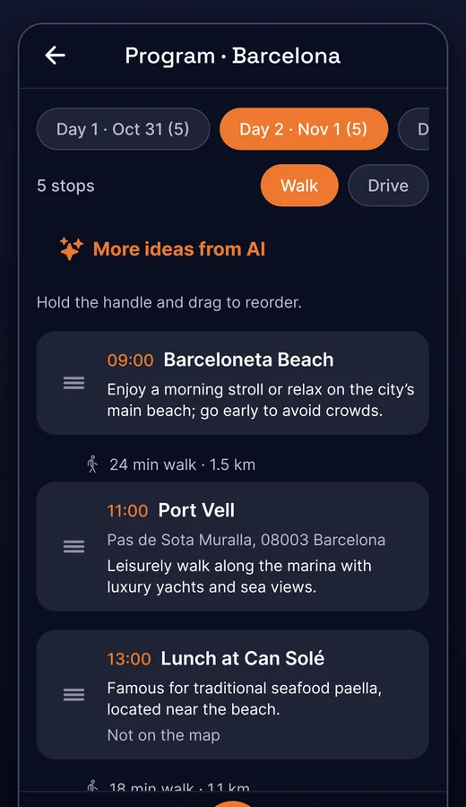 Day-by-day itinerary in ToTourist with walking times between stops
