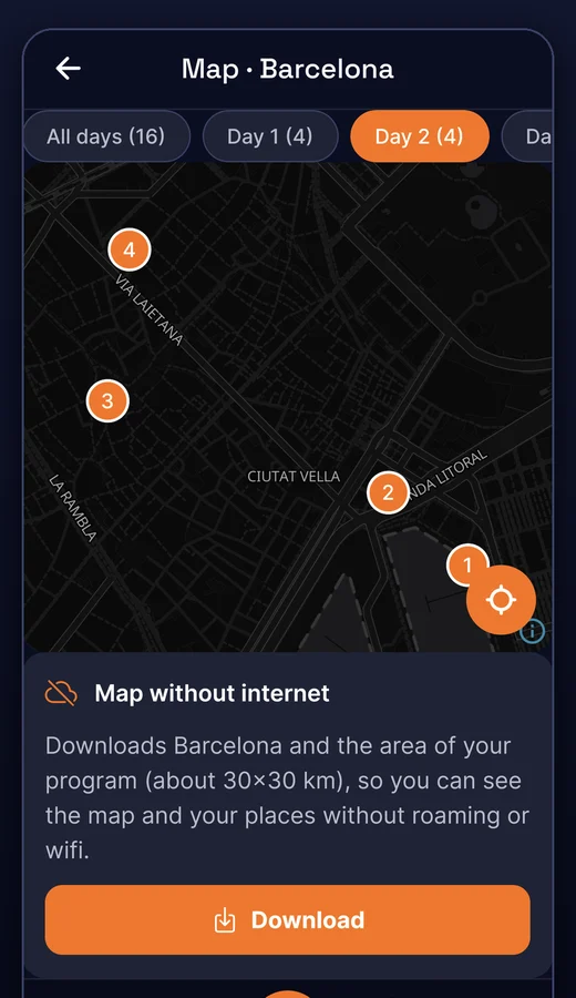 Offline map of Barcelona with the day's stops