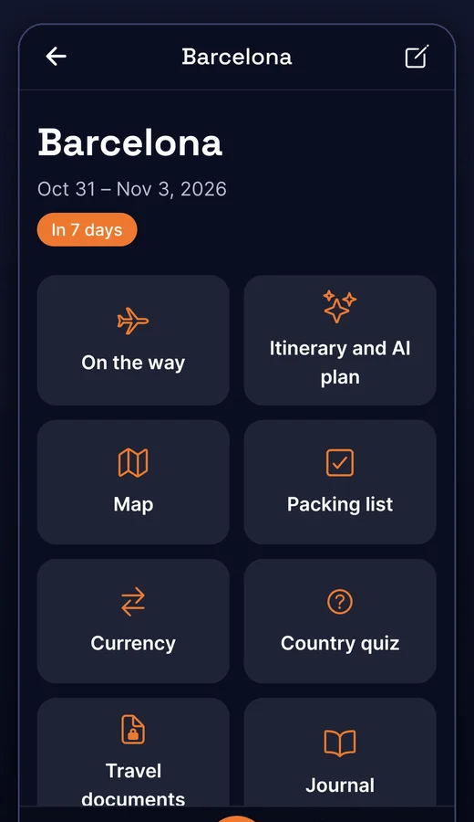 ToTourist trip page for Barcelona with itinerary, map, packing list, currency and documents